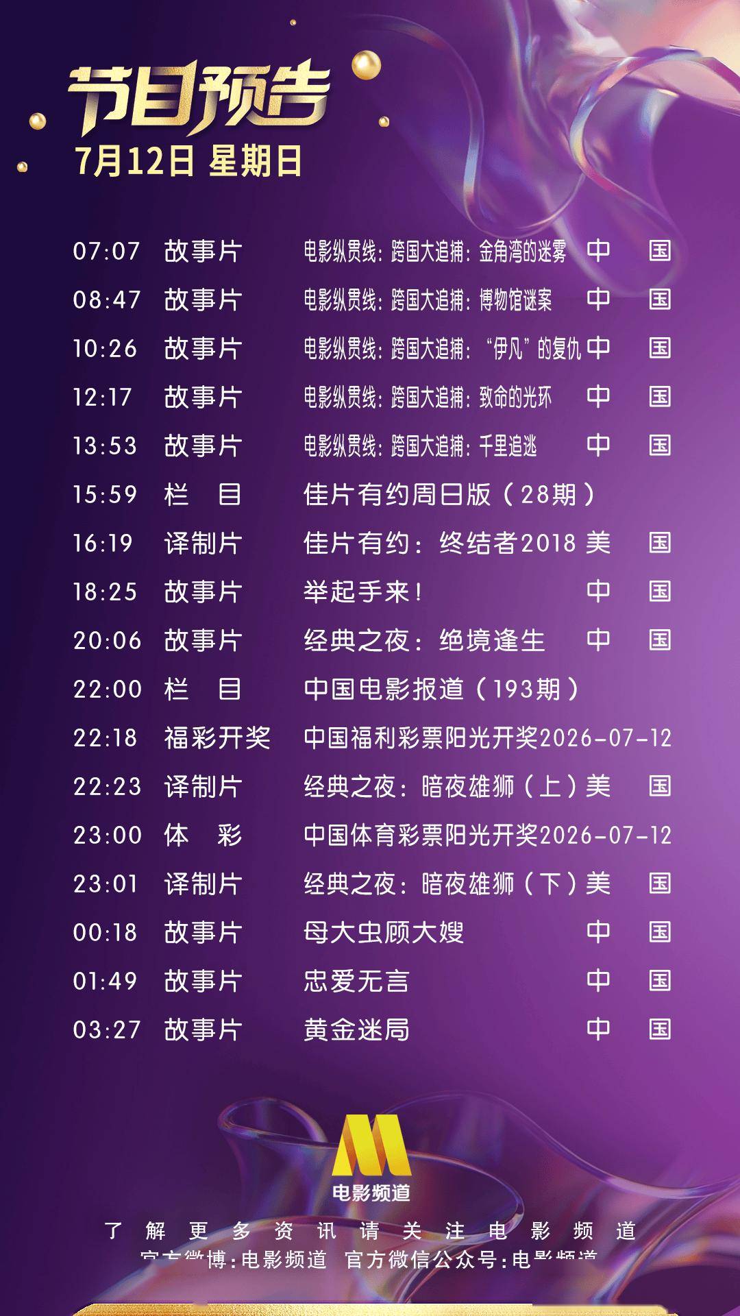 7月12日（星期日）CCTV6节目预告